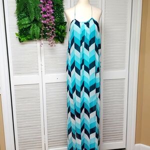 Francesca's Aqua and Navy Chevron Print Maxi Dress Size M